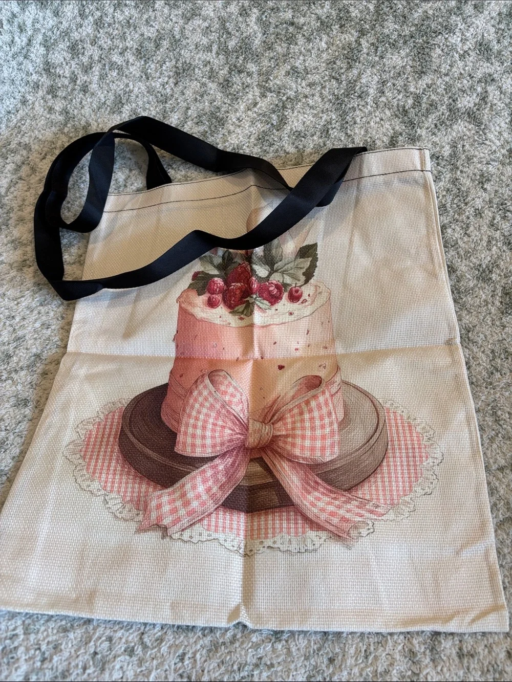 Pink Raspberry Cake Poly Canvas Tote Bag with Black Straps NWT 13.50x15.75”